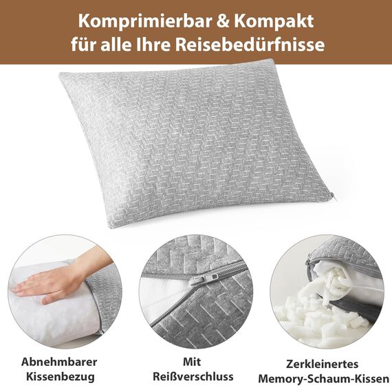 PEUJEW Reisekissen Memory Foam Kissen, Camping Kissen Kleines Kissen 40x30x12 cm, Reisekopfkissen mit Wasserdichter Packsack, Ideal für Flugzeug, Auto und Camping (S, Hellgrau)