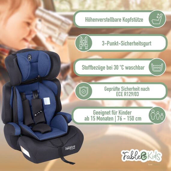 Fablekids Kinderautositz | 3-Punkt-Sicherheitsgurt | Autokindersitz ab 15 M. | Autositz für Kinder 76-150 cm | Kindersitz einstellbare Kopfstütze | ECE R129/03 | Verstellbar 44,5x41x68-75cm | Blau