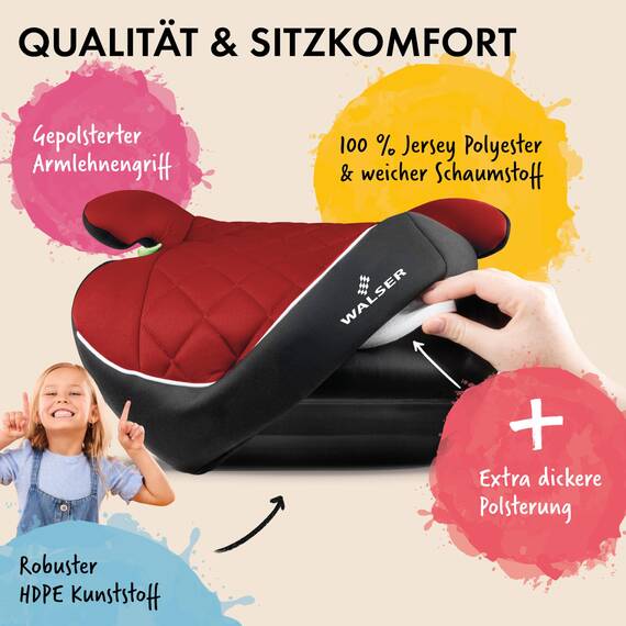 WALSER Premium Kinder Sitzerhöhung Auto ISOFIX, Qualitätssieger Sehr Gut* Kindersitz Auto 125-150 cm, Kindersitzerhöhung Auto Andy neueste Norm 2024 ECE R 129, Sitzerhöhung Auto Kindersitz schwarz/rot
