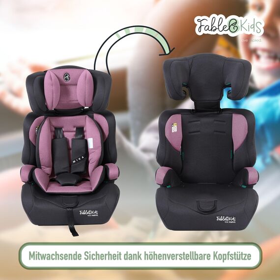 FableKids Kinderautositz 9-36 kg | 3-Punkt-Sicherheitsgurt | Autokindersitz ab 15 M. | Autositz für Kinder 76-150 cm | Kindersitz einstellbare Kopfstütze ECE R129/03 | Verstellbar | Pink