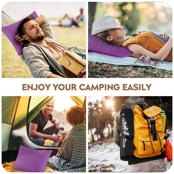 PEUJEW Reisekissen Memory Foam Kissen, Camping Kissen Kleines Kissen 40x30x12 cm, Reisekopfkissen mit Wasserdichter Packsack, Ideal für Flugzeug, Auto und Camping (S, Lila)