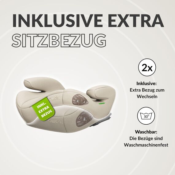 OWEN Sitzerhöhung Auto mit ISOFIX | Kindersitz mit Memory-Schaum & Wechselbezug | Für 15–36 kg (6–12 Jahre) | ECE R129 geprüft | ergonomisch & leicht | Bezug waschbar – beige