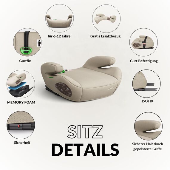 OWEN Sitzerhöhung Auto mit ISOFIX | Kindersitz mit Memory-Schaum & Wechselbezug | Für 15–36 kg (6–12 Jahre) | ECE R129 geprüft | ergonomisch & leicht | Bezug waschbar – beige