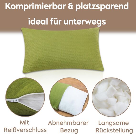PEUJEW Reisekissen Memory Foam Kissen, Camping Kissen Kleines Kissen 40x30x12 cm, Reisekopfkissen mit Wasserdichter Packsack, Ideal für Flugzeug, Auto und Camping (S, Avocado-Grün)