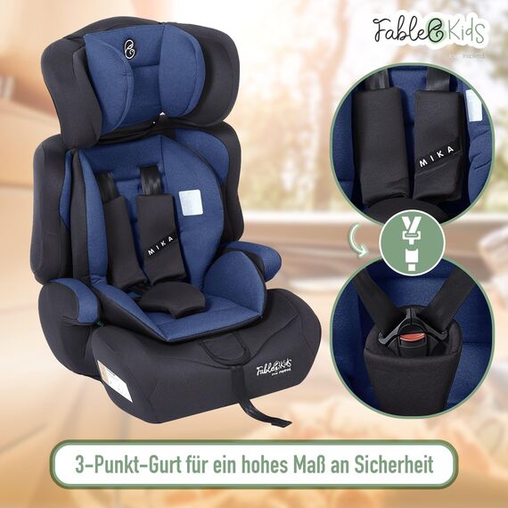 Fablekids Kinderautositz | 3-Punkt-Sicherheitsgurt | Autokindersitz ab 15 M. | Autositz für Kinder 76-150 cm | Kindersitz einstellbare Kopfstütze | ECE R129/03 | Verstellbar 44,5x41x68-75cm | Blau