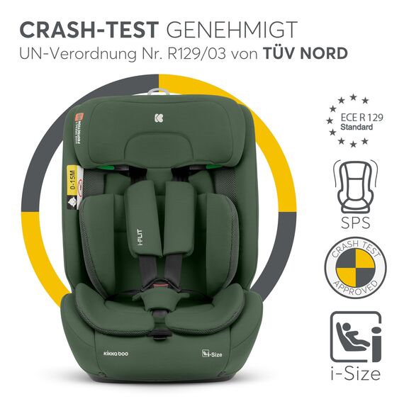 KikkaBoo i-Size i-­FLIT, Kindersitz 9-36 kg ISOFIX, Autokindersitz 76-150 cm, Gruppe 1/2/3, 15 Monate bis 12 Jahre, SPS Seitenschutz, Top Tether, Verstellbare Kopfstütze, Armeegrün