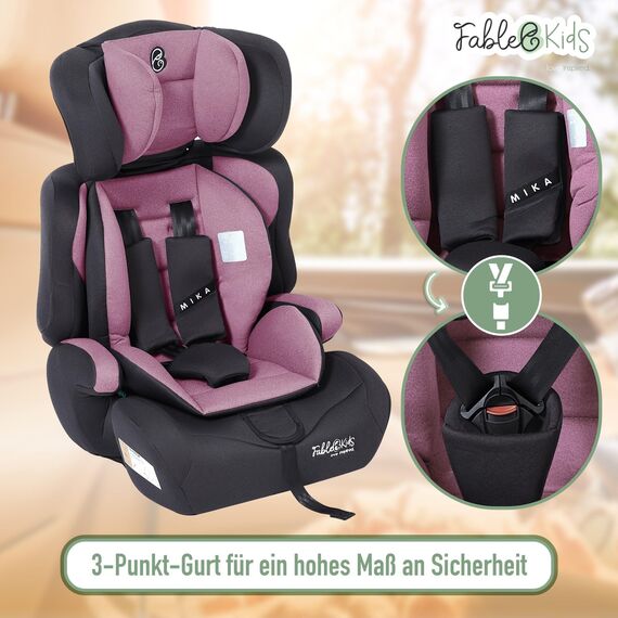 FableKids Kinderautositz 9-36 kg | 3-Punkt-Sicherheitsgurt | Autokindersitz ab 15 M. | Autositz für Kinder 76-150 cm | Kindersitz einstellbare Kopfstütze ECE R129/03 | Verstellbar | Pink