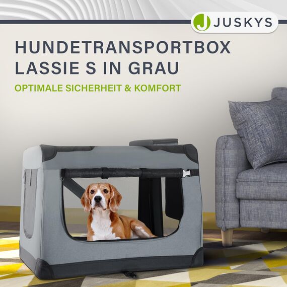 Juskys Hundetransportbox Lassie M faltbar & tragbar 42x60x44 cm mit Decke, Tasche & Griffen - Faltbare Transportbox für Hunde, Katzen & Haustiere - Oxford Stoff Hundebox Auto Hundetasche - Grau
