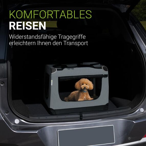 Juskys Hundetransportbox Lassie M faltbar & tragbar 42x60x44 cm mit Decke, Tasche & Griffen - Faltbare Transportbox für Hunde, Katzen & Haustiere - Oxford Stoff Hundebox Auto Hundetasche - Grau