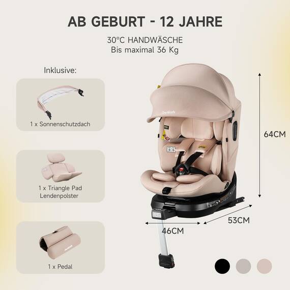 Jovikids 360° Drehbar Kindersitz mit ISOFIX, i-Size 40-150cm(ab Geburt -12 Jahre) Baby Autositz Reboarder mit Liegefunktion & Abnehmbar Vordach, ECE R129 (Pink)