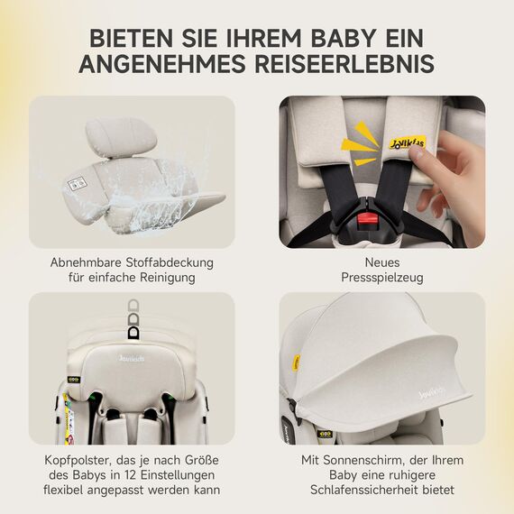 360° i-Size Kindersitz 40-150cm mit ISOFIX, Autositz 360 Drehbar, ab Geburt -12 Jahre,ECE R129 Babyautositz, 12 Kopfstützenpositionen, leichtwaschbar (Beige)