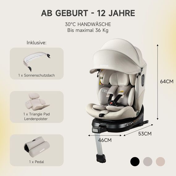 360° i-Size Kindersitz 40-150cm mit ISOFIX, Autositz 360 Drehbar, ab Geburt -12 Jahre,ECE R129 Babyautositz, 12 Kopfstützenpositionen, leichtwaschbar (Beige)