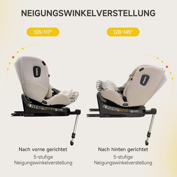 360° i-Size Kindersitz 40-150cm mit ISOFIX, Autositz 360 Drehbar, ab Geburt -12 Jahre,ECE R129 Babyautositz, 12 Kopfstützenpositionen, leichtwaschbar (Beige)