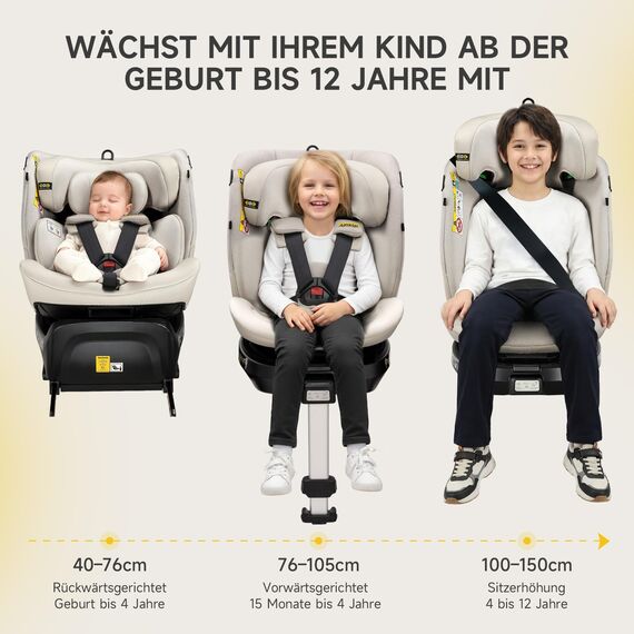 360° i-Size Kindersitz 40-150cm mit ISOFIX, Autositz 360 Drehbar, ab Geburt -12 Jahre,ECE R129 Babyautositz, 12 Kopfstützenpositionen, leichtwaschbar (Beige)