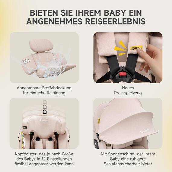 Jovikids 360° Drehbar Kindersitz mit ISOFIX, i-Size 40-150cm(ab Geburt -12 Jahre) Baby Autositz Reboarder mit Liegefunktion & Abnehmbar Vordach, ECE R129 (Pink)