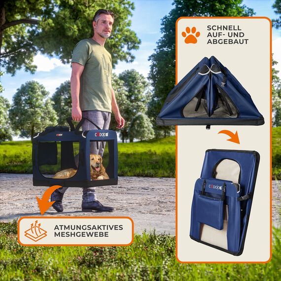 CADOCA® Hundebox Hundetransportbox faltbar robust L 70x52x50cm atmungsaktiv Transporttasche Haustiertransportbox Hundetragetasche Navy Blau