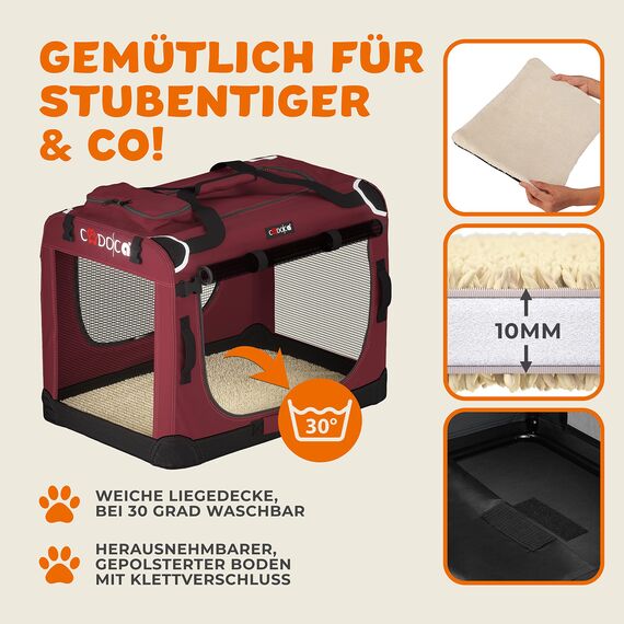 CADOCA® Hundebox Hundetransportbox faltbar robust S 50x34x36cm atmungsaktiv Transporttasche Haustiertransportbox Hundetragetasche Dunkelrot