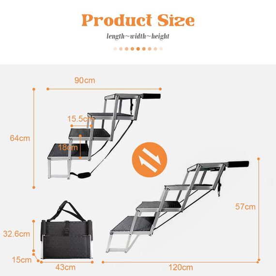 Bounabay hundetreppe große Hunde - Hundetreppe Auto 4 Stufen - Klappbare Aluminium Hundetreppe Ultra-Leicht - Hochwertige Autotreppe für Hunde bis 75kg