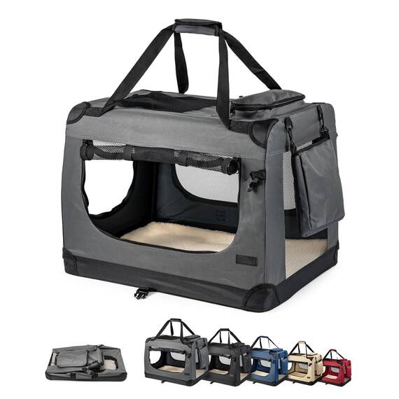 lionto Hundetransportbox faltbar für Reise & Auto, 70x52x50 cm, stabile Transportbox mit Tragegriffen & Decke für Katzen & Hunde bis 15 kg, robuste Hundebox aus Stoff für klein & groß, grau