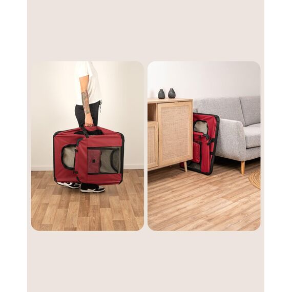 lionto Hundetransportbox faltbar für Reise & Auto, 70x52x50 cm, stabile Transportbox mit Griffen & Decke für Katzen & Hunde bis 15 kg, Hundebox aus Stoff für klein & groß, dunkelrot (Namensaufdruck)