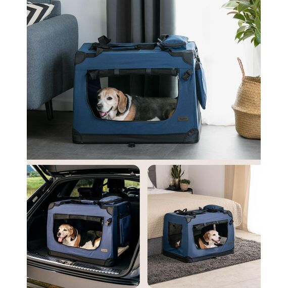 lionto Hundetransportbox faltbar für Reise & Auto, 70x52x50 cm, stabile Transportbox mit Tragegriffen & Decke für Katzen & Hunde bis 15 kg, robuste Hundebox aus Stoff für klein & groß, dunkelblau
