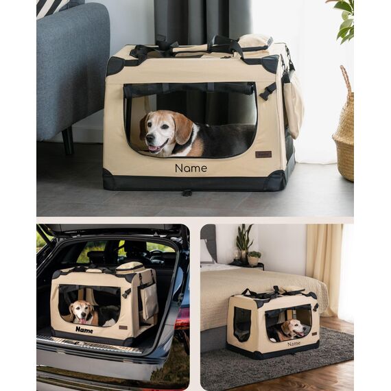 lionto Hundetransportbox faltbar für Reise & Auto, 70x52x50 cm, stabile Transportbox mit Tragegriffen & Decke für Katzen & Hunde bis 15 kg, Hundebox aus Stoff für klein & groß, beige (Namensaufdruck)