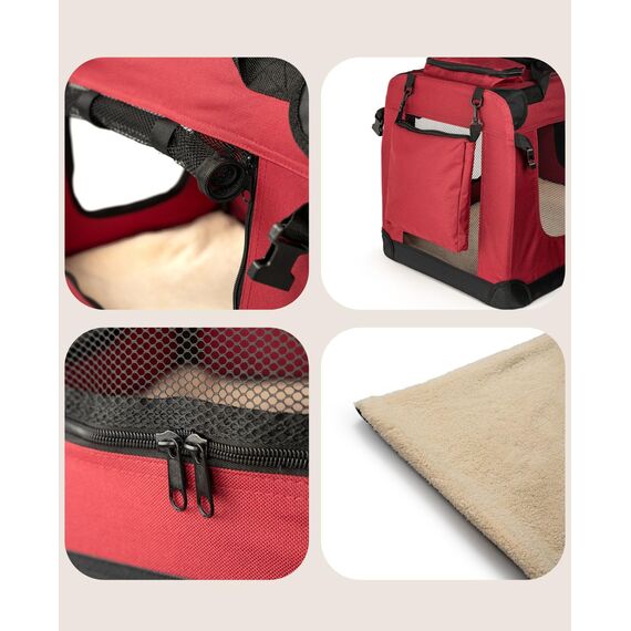 lionto Hundetransportbox faltbar für Reise & Auto, 60x42x44 cm, stabile Transportbox mit Tragegriffen & Decke für Katzen & Hunde bis 12 kg, robuste Hundebox aus Stoff für klein & groß, dunkelrot