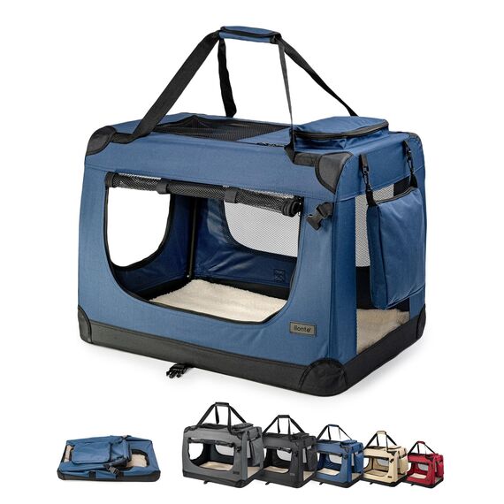 lionto Hundetransportbox faltbar für Reise & Auto, 60x42x44 cm, stabile Transportbox mit Tragegriffen & Decke für Katzen & Hunde bis 12 kg, robuste Hundebox aus Stoff für klein & groß, dunkelblau