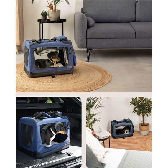 lionto Hundetransportbox faltbar für Reise & Auto, 50x34x36 cm, stabile Transportbox mit Tragegriffen & Decke für Katzen & Hunde bis 10 kg, robuste Hundebox aus Stoff für klein & groß, dunkelblau