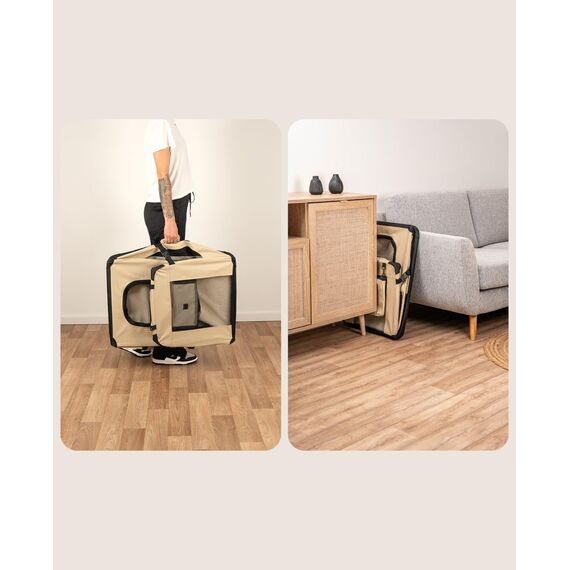 lionto Hundetransportbox faltbar für Reise & Auto, 90x61x65 cm, stabile Transportbox mit Tragegriffen & Decke für Katzen & Hunde bis 22 kg, robuste Hundebox aus Stoff für klein & groß, beige