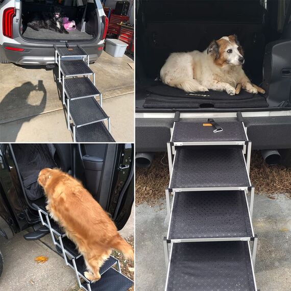 Bounabay hundetreppe große Hunde - Hundetreppe Auto 4 Stufen - Klappbare Aluminium Hundetreppe Ultra-Leicht - Hochwertige Autotreppe für Hunde bis 75kg