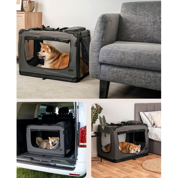 lionto Hundetransportbox faltbar für Reise & Auto, 90x61x65 cm, stabile Transportbox mit Tragegriffen & Decke für Katzen & Hunde bis 22 kg, robuste Hundebox aus Stoff für klein & groß, grau