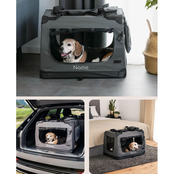 lionto Hundetransportbox faltbar für Reise & Auto, 70x52x50 cm, stabile Transportbox mit Tragegriffen & Decke für Katzen & Hunde bis 15 kg, Hundebox aus Stoff für klein & groß, grau (Namensaufdruck)
