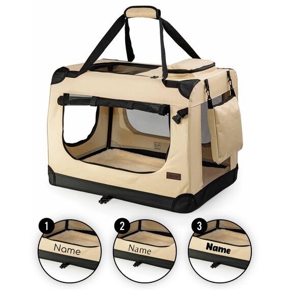 lionto Hundetransportbox faltbar für Reise & Auto, 60x42x44 cm, stabile Transportbox mit Tragegriffen & Decke für Katzen & Hunde bis 12 kg, Hundebox aus Stoff für klein & groß, beige (Namensaufdruck)
