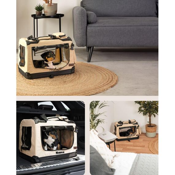 lionto Hundetransportbox faltbar für Reise & Auto, 50x34x36 cm, stabile Transportbox mit Tragegriffen & Decke für Katzen & Hunde bis 10 kg, Hundebox aus Stoff für klein & groß, beige (Namensaufdruck)