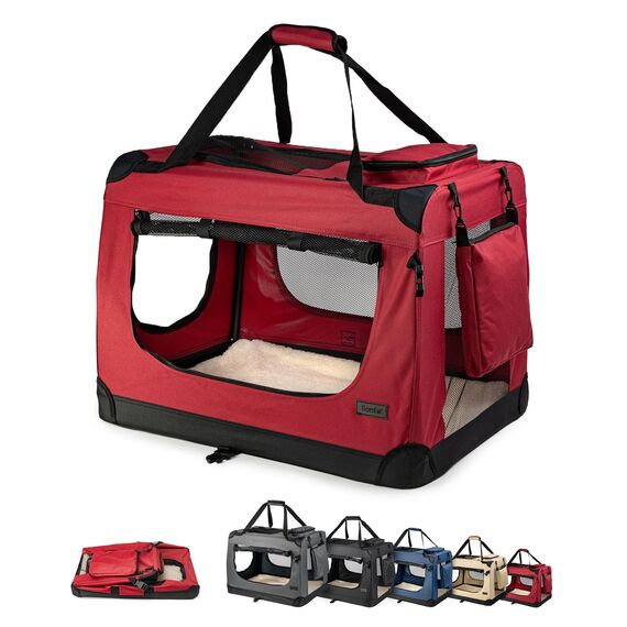 lionto Hundetransportbox faltbar für Reise & Auto, 90x61x65 cm, stabile Transportbox mit Tragegriffen & Decke für Katzen & Hunde bis 22 kg, robuste Hundebox aus Stoff für klein & groß, dunkelrot