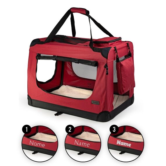 lionto Hundetransportbox faltbar für Reise & Auto, 70x52x50 cm, stabile Transportbox mit Griffen & Decke für Katzen & Hunde bis 15 kg, Hundebox aus Stoff für klein & groß, dunkelrot (Namensaufdruck)