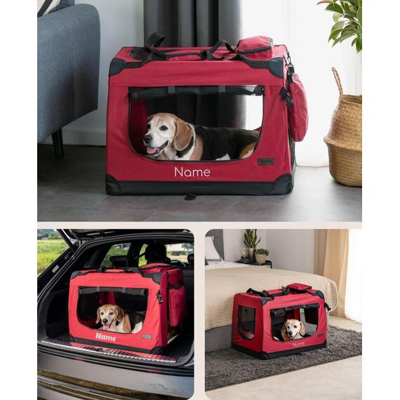 lionto Hundetransportbox faltbar für Reise & Auto, 70x52x50 cm, stabile Transportbox mit Griffen & Decke für Katzen & Hunde bis 15 kg, Hundebox aus Stoff für klein & groß, dunkelrot (Namensaufdruck)