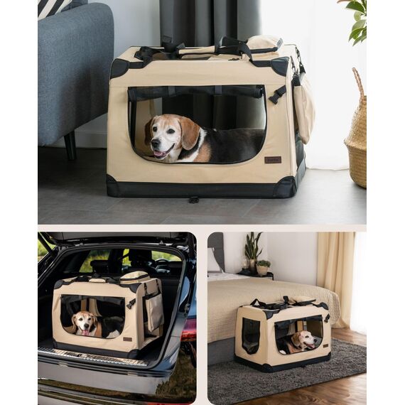 lionto Hundetransportbox faltbar für Reise & Auto, 70x52x50 cm, stabile Transportbox mit Tragegriffen & Decke für Katzen & Hunde bis 15 kg, robuste Hundebox aus Stoff für klein & groß, beige
