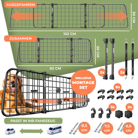 LOVPET® Hundegitter Auto Kofferraum – Universal Trenngitter für Hunde, verstellbar 92–152 cm, ohne Bohren & einfache Montage, Hundeschutzgitter Gepäckgitter Auto inkl. 2 Sicherheitsgurte, Schwarz