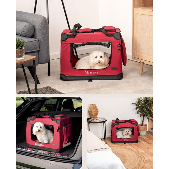 lionto Hundetransportbox faltbar für Reise & Auto, 60x42x44 cm, stabile Transportbox mit Griffen & Decke für Katzen & Hunde bis 12 kg, Hundebox aus Stoff für klein & groß, dunkelrot (Namensaufdruck)