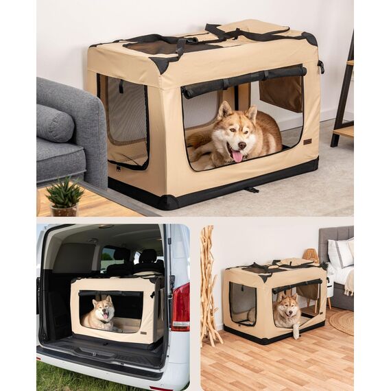 lionto Hundetransportbox faltbar für Reise & Auto, 101x69x70 cm, stabile Transportbox mit Tragegriffen & Decke für Katzen & Hunde bis 25 kg, robuste Hundebox aus Stoff für klein & groß, beige