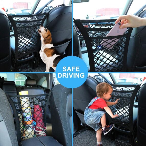 GUOMIS 3-stufiger Auto-Netz-Organizer，Sitzlehne，Netztasche，Rücksitzsperre， Haustier，Kind，Cargo-Taschentuchhalter，Fahreraufbewahrung