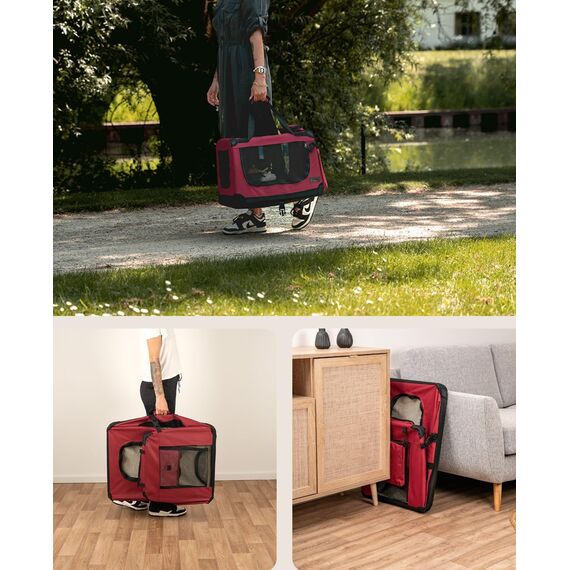 lionto Hundetransportbox faltbar für Reise & Auto, 60x42x44 cm, stabile Transportbox mit Griffen & Decke für Katzen & Hunde bis 12 kg, Hundebox aus Stoff für klein & groß, dunkelrot (Namensaufdruck)