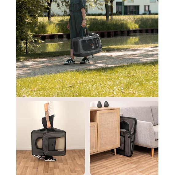 lionto Hundetransportbox faltbar für Reise & Auto, 70x52x50 cm, stabile Transportbox mit Tragegriffen & Decke für Katzen & Hunde bis 15 kg, Hundebox aus Stoff für klein & groß, grau (Namensaufdruck)