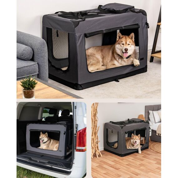 lionto Hundetransportbox faltbar für Reise & Auto, 101x69x70 cm, stabile Transportbox mit Tragegriffen & Decke für Katzen & Hunde bis 25 kg, robuste Hundebox aus Stoff für klein & groß, grau