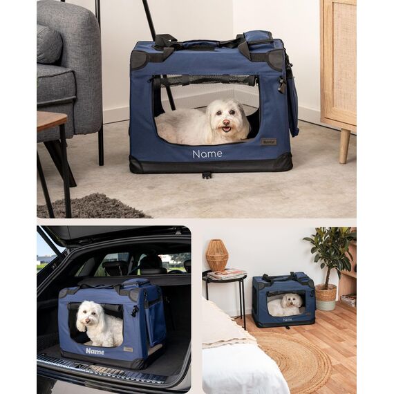 lionto Hundetransportbox faltbar für Reise & Auto, 60x42x44 cm, stabile Transportbox mit Griffen & Decke für Katzen & Hunde bis 12 kg, Hundebox aus Stoff für klein & groß, dunkelblau (Namensaufdruck)