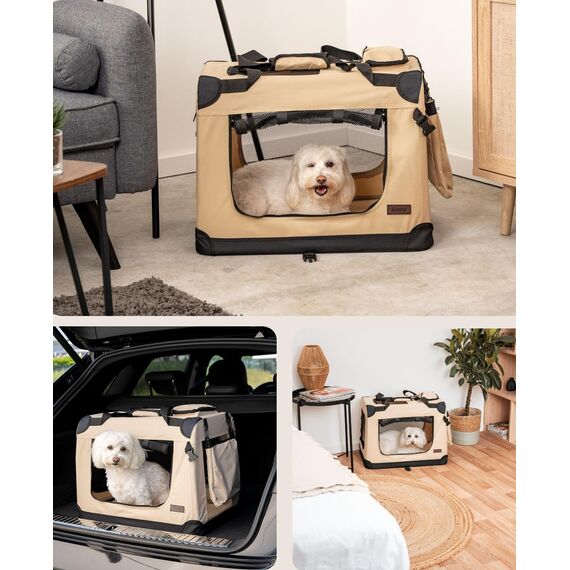 lionto Hundetransportbox faltbar für Reise & Auto, 60x42x44 cm, stabile Transportbox mit Tragegriffen & Decke für Katzen & Hunde bis 12 kg, robuste Hundebox aus Stoff für klein & groß, beige