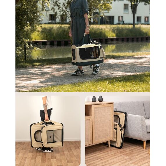 lionto Hundetransportbox faltbar für Reise & Auto, 60x42x44 cm, stabile Transportbox mit Tragegriffen & Decke für Katzen & Hunde bis 12 kg, Hundebox aus Stoff für klein & groß, beige (Namensaufdruck)
