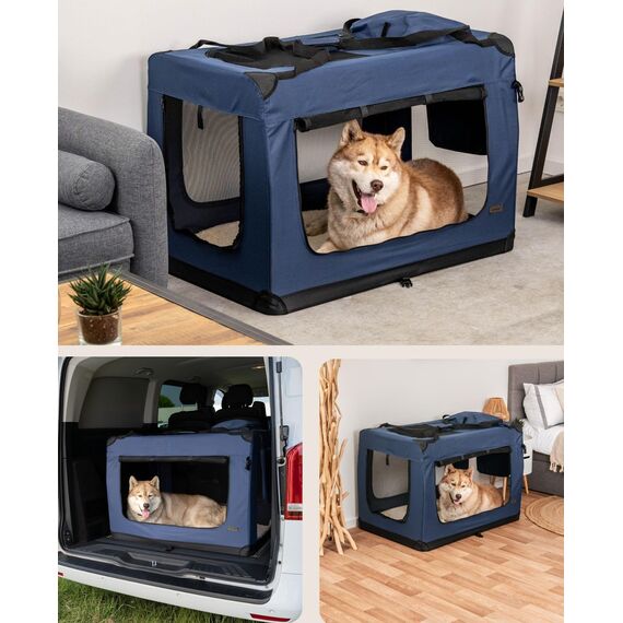 lionto Hundetransportbox faltbar für Reise & Auto, 101x69x70 cm, stabile Transportbox mit Tragegriffen & Decke für Katzen & Hunde bis 25 kg, robuste Hundebox aus Stoff für klein & groß, dunkelblau